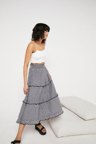 Warehouse + Gingham Scallop Frill Tiered Midi Skirt