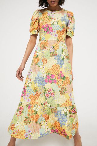 Warehouse + Printed Shirred Shoulder Midi Dress