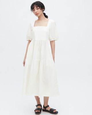 Uniqlo + Linen Blend Shirring Volume Sleeved Dress