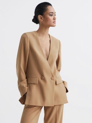 Reiss + Neutral Margeaux Collarless Double-Breasted Blazer