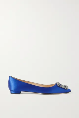 Manolo Blahnik + Hangisi Embellished Satin Point-Toe Flats