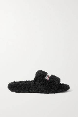 Balenciaga + Furry Logo-Embroidered Faux Shearling Slides