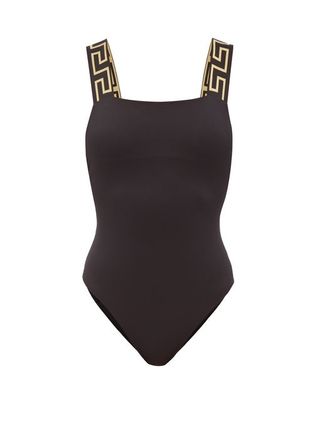 Versace + Greca-Jacquard Square-Neck Swimsuit