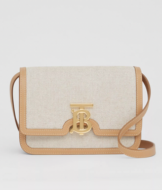 Burberry + Small Two-Tone Canvas and Leather Tb Bag in Soft Fawn/Warm Sand