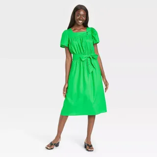Who What Wear + Puff Short Sleeve Dress in Green