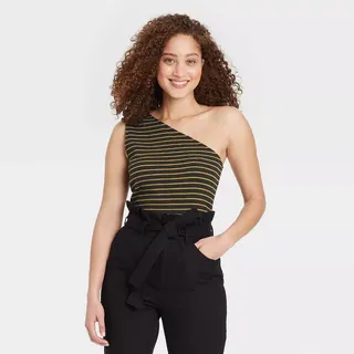 Who What Wear + One Shoulder Tank Top in Black