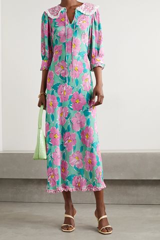 Rixo + Lauren Crochet-Trimmed Floral-Print Crepe Midi Dress
