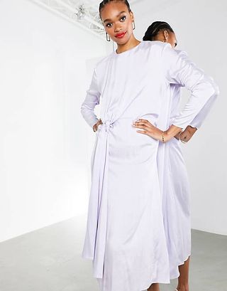 ASOS Edition + Drape Front Crinkle Satin Midi Dress in Washed Lilac