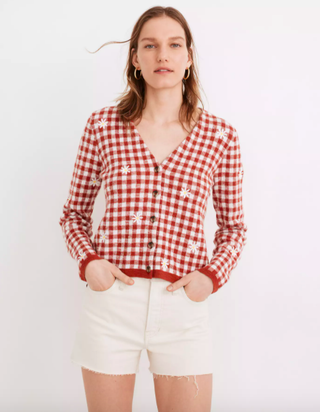 Madewell + Daisy Embroidered Gingham Cardigan Sweater