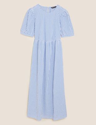 M&S Collection + Pure Cotton Gingham Midi Waisted Dress