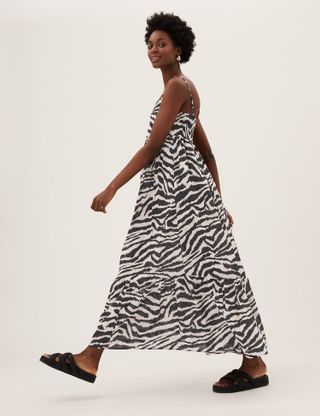 M&S Collection + Pure Cotton Printed Midaxi Tiered Dress