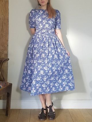 Laura Ashley + Vintage 80s Blue Cotton Midi Dress