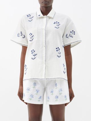 Harago + Floral-Embroidered Linen Shirt