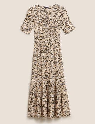 Marks and Spencer + Animal Print Tie Neck Midi Waisted Dress