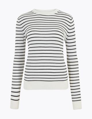 Marks and Spencer + Pure Merino Wool Striped Crew Neck Jumper