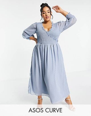 ASOS + Design Curve Midi Smock Dress With Shirred Cuffs in Dobby in Blue