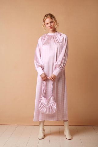 Omnes + Blouson Sleeve Midi Dress in Pink Grid Print