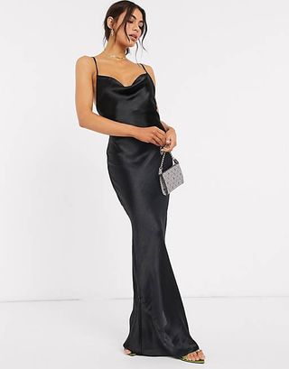 ASOS + Design Cami Maxi Slip Dress in High Shine Satin With Lace Up Back