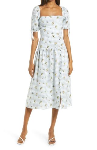 Reformation + Melony Floral Gingham Square Neck Linen Midi Dress