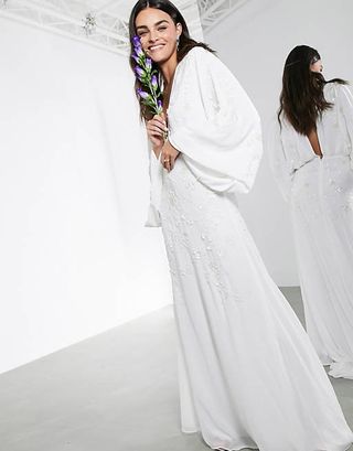 ASOS Edition + Lisa Drape Sleeve Plunge Wedding Dress With Floral Embellishment