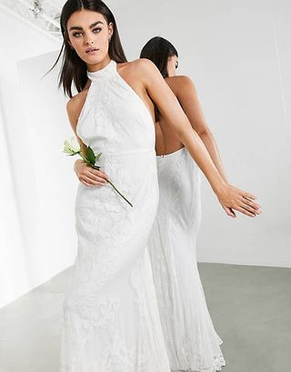 ASOS Edition + Ottilie Halter Applique and Embroidered Wedding Dress With Fishtail