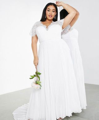ASOS Edition + Curve Sophia Plunge Lace Wedding Dress With Pleated Skirt
