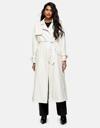 Topshop + Belted Maxi Faux Leather Trench Coat in Ivory