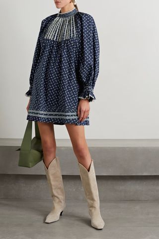 Dôen + Beatrice Crochet Lace-Trimmed Floral-Print Organic Cotton-Poplin Mini Dress