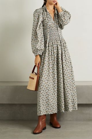 Dôen + Everly Shirred Floral-Print Cotton-Poplin Midi Dress