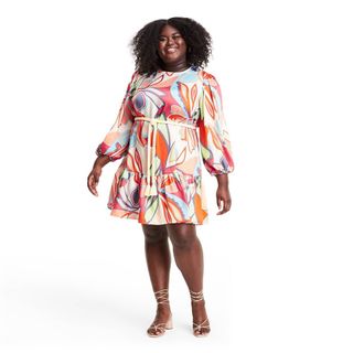 Alexis for Target + Mixed Floral Long Sleeve Rope Belt Tiered Dress