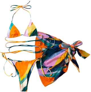 Soly Hux + Color Block Halter Tie Side Bikini With Cover Up Beach Skirt