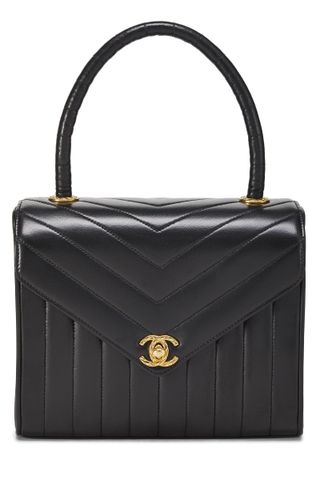 Chanel + Black Chevron Lambskin Top Handle Bag Small