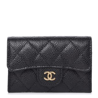 Chanel + Caviar Quilted Flap Card Holder Wallet Black