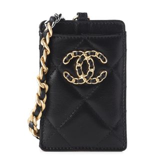 Chanel + Goatskin Quilted 19 Card Holder On Chain Black