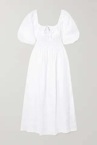 Faithfull the Brand + Maurella Shirred Linen Midi Dress