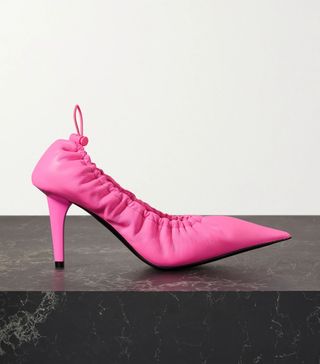 Balenciaga + Scrunch Knife Ruched Neon Leather Pumps