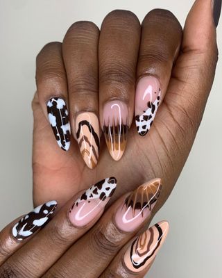 Nude acrylic set with freehand cow print nail art 🖤🤍🖤🤍🖤 | Instagram