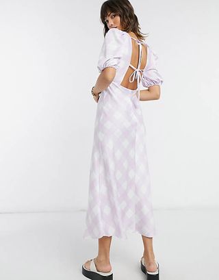 Asos Design + Satin Puff Sleeve Open Back Midi Tea Dress in Soft Check