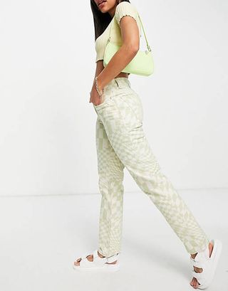Asos Design + Mid Rise '90'S' Straight Leg Jeans in Psychedelic Check Print