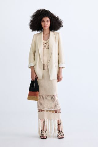 Zara + Printed Cuff Linen Blend Blazer