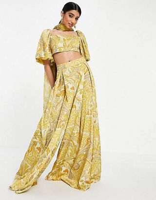 ASOS + Design Lehenga Trouser Co-Ord Set in Yellow Leaf Print