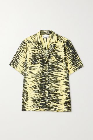Ganni + Tiger-Print Crinkled Stretch-Satin Shirt