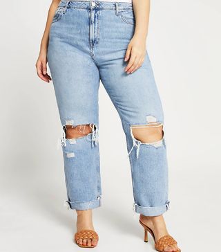 River Island + Blue Ripped Mid Rise Boyfriend Jeans