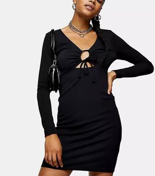 Topshop + Ribbed Keyhole Body-Conscious Dress in Black