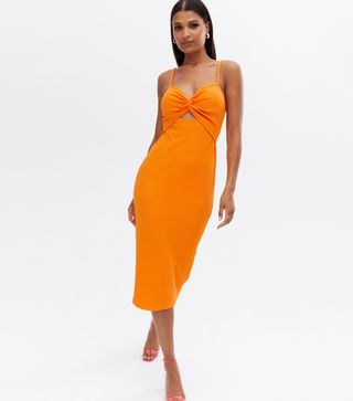 New Look + Bright Orange Ribbed Twist Cut Out Midi Bodycon Dress
