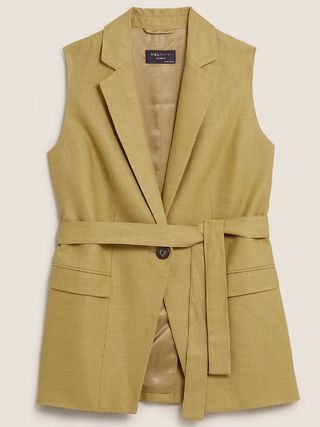 M&S Collection + Linen Straight Sleeveless Belted Blazer