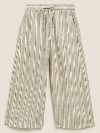 M&S Collection + Pure Linen Striped Wide Leg Culottes