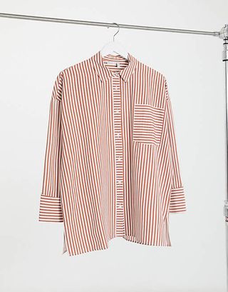 ASOS Design + Super Oversized Relaxed Cotton Dad Shirt in Red and Cream Stripe