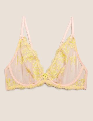 Marks & Spencer + Blossom Embroidered Underwired Plunge Bra A-E in Pink and Yellow