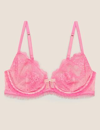 Marks & Spencer + Eyelash Lace Underwired Plunge Bra B-E in Hot Pink